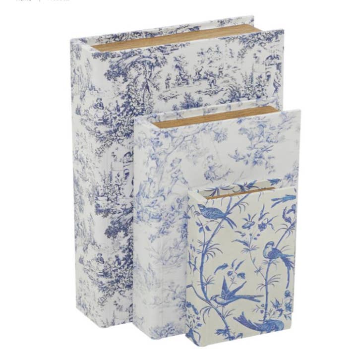 Import Corner - Wholesale Decorative Box - A-32722: WHITE CANVAS FLORAL BOOK STORAGE DECORATIVE BOX WIT