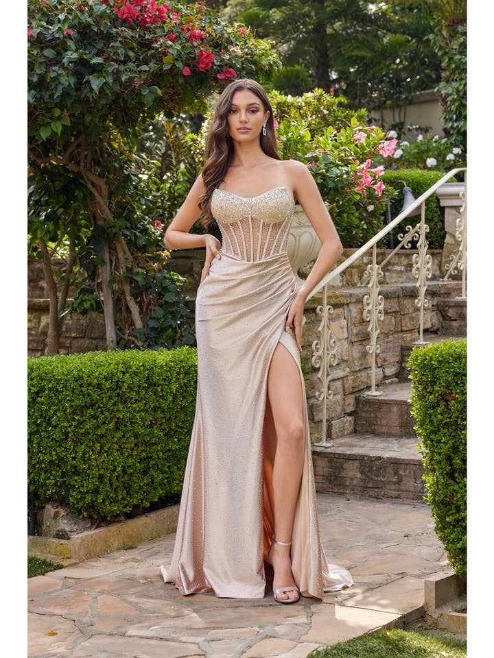 CORSET HOT STONE SATIN GOWN WITH SIDE SLIT for wholesale by Juliet