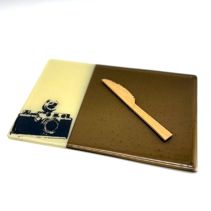 Camera 7x11" Fused Glass Cheese Plate for wholesale by Kiku Handmade | Contemporary Fused Glass Home Goods