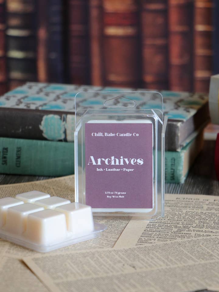 Old Books Archives Wax Melt | Ink + Leather + Paper for wholesale by Chill, Babe Candle Co
