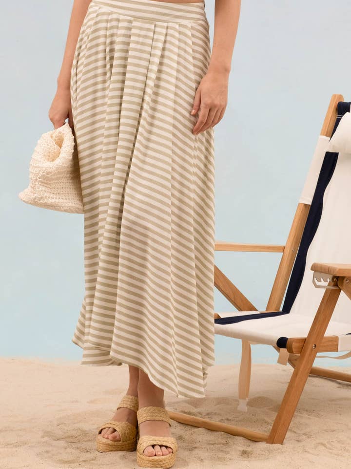 Blu Pepper - Wholesale Skirt - Women's - STRIPE HIGH WAIST PLEATED MIDI SKIRT