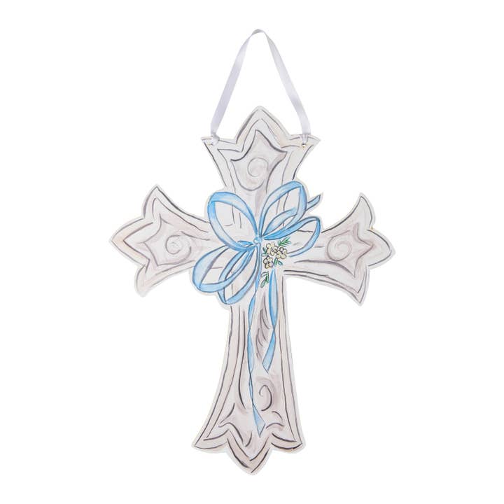 Cross Hanger - Blue Bow for wholesale by Over the Moon Gift