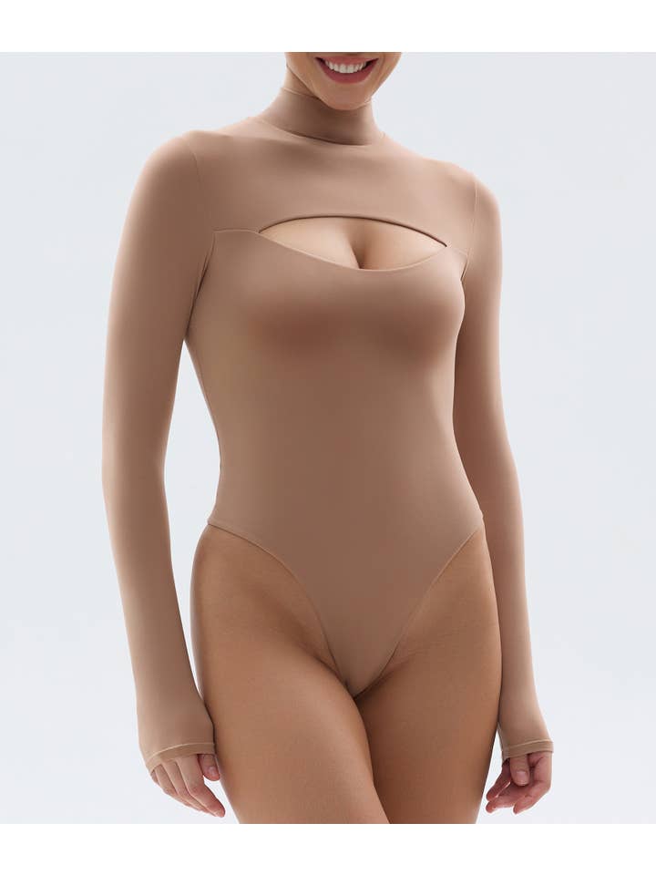 SHAPERX - Wholesale Bodysuit - Women's - SHAPERX Mock Neck Long Sleeve Bodysuit Cutout Front Thong