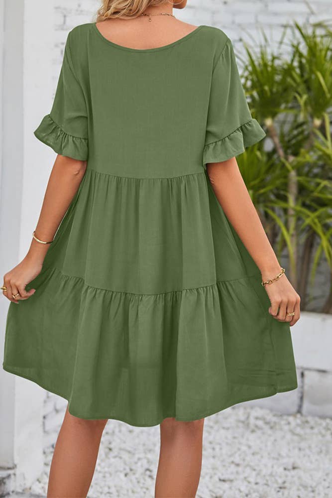 UNISHE - Vendita all'ingrosso Vestito - Donna - Abito A Balze Con Volant Con Scollo A V Semplice E Tasche MD03815