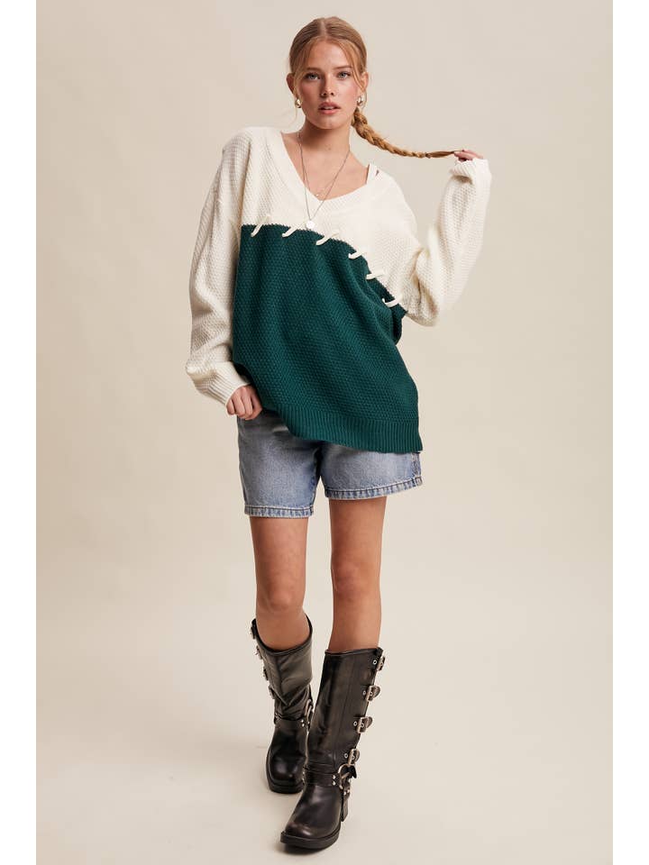 Listicle - Wholesale Knitted jumper – Women′s - Two-Tone Lace-Up Detail Sweater LSW087923