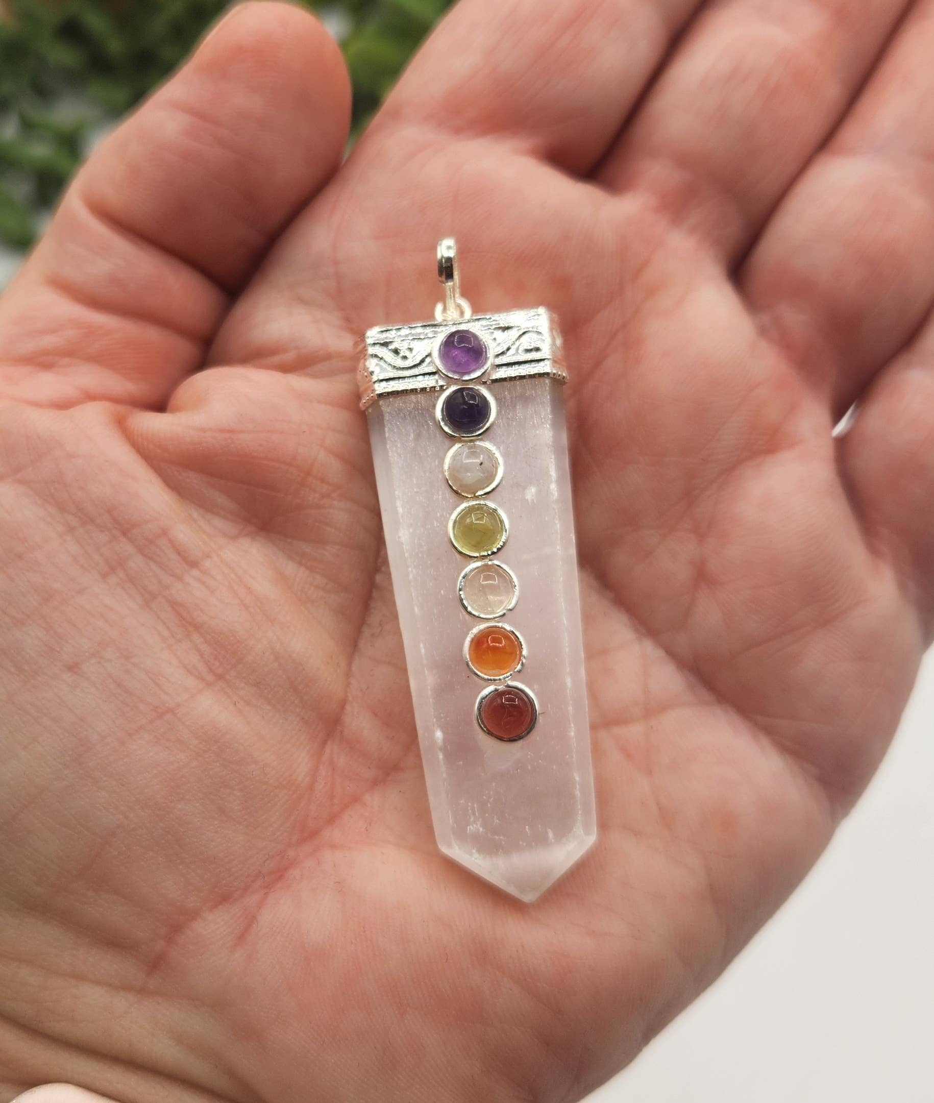 Meraki Gemstones - Wholesale Individual Charm/Pendant - Selenite Flat Gemstone Pendant w/Chakra Stones Silver Color4