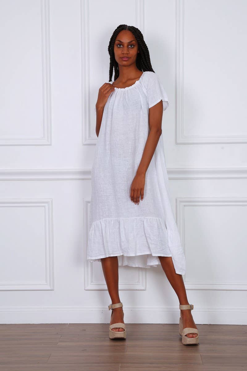 Happy look - Wholesale Dress - Women's - Long Linen Dress with Short Sleeves and Elastic Collar3
