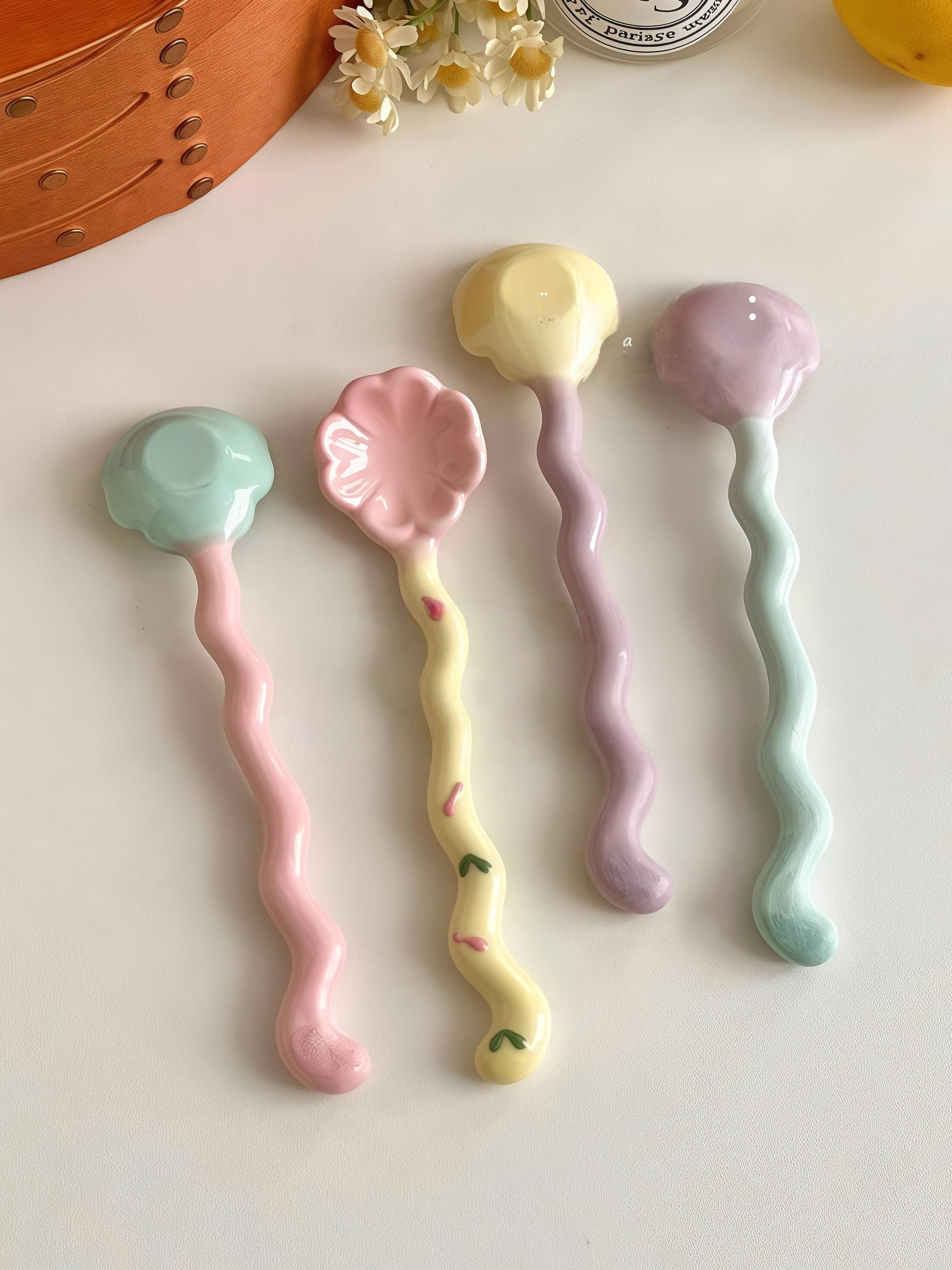 Otterware - Wholesale Table Spoon (Cutlery) - Whimsical Wavy Handle Flower Ceramic Dessert Spoons 4 colors5