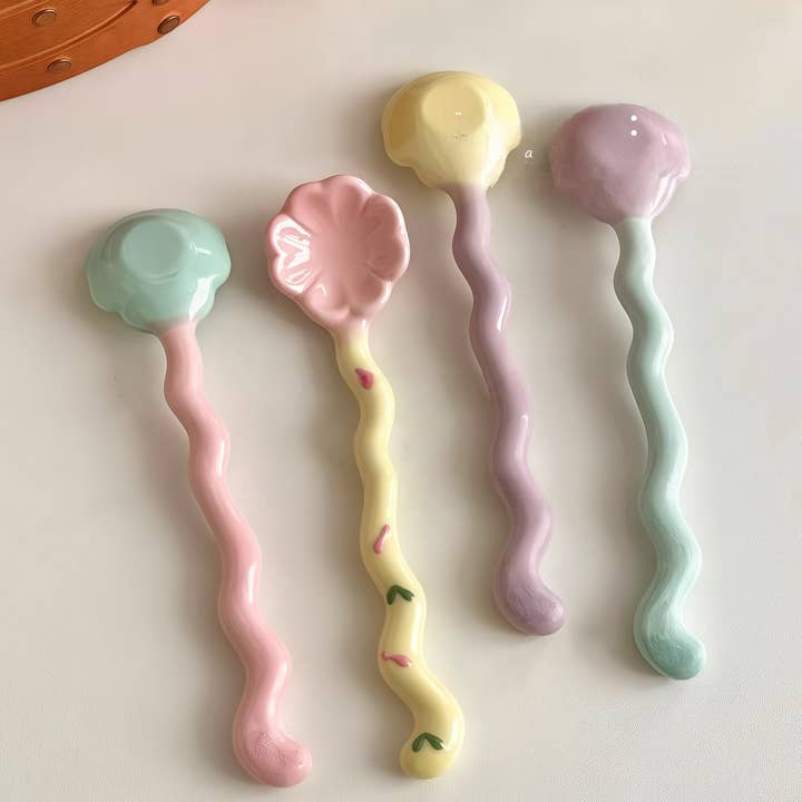 Otterware - Wholesale Table Spoon (Cutlery) - Whimsical Wavy Handle Flower Ceramic Dessert Spoons 4 colors5