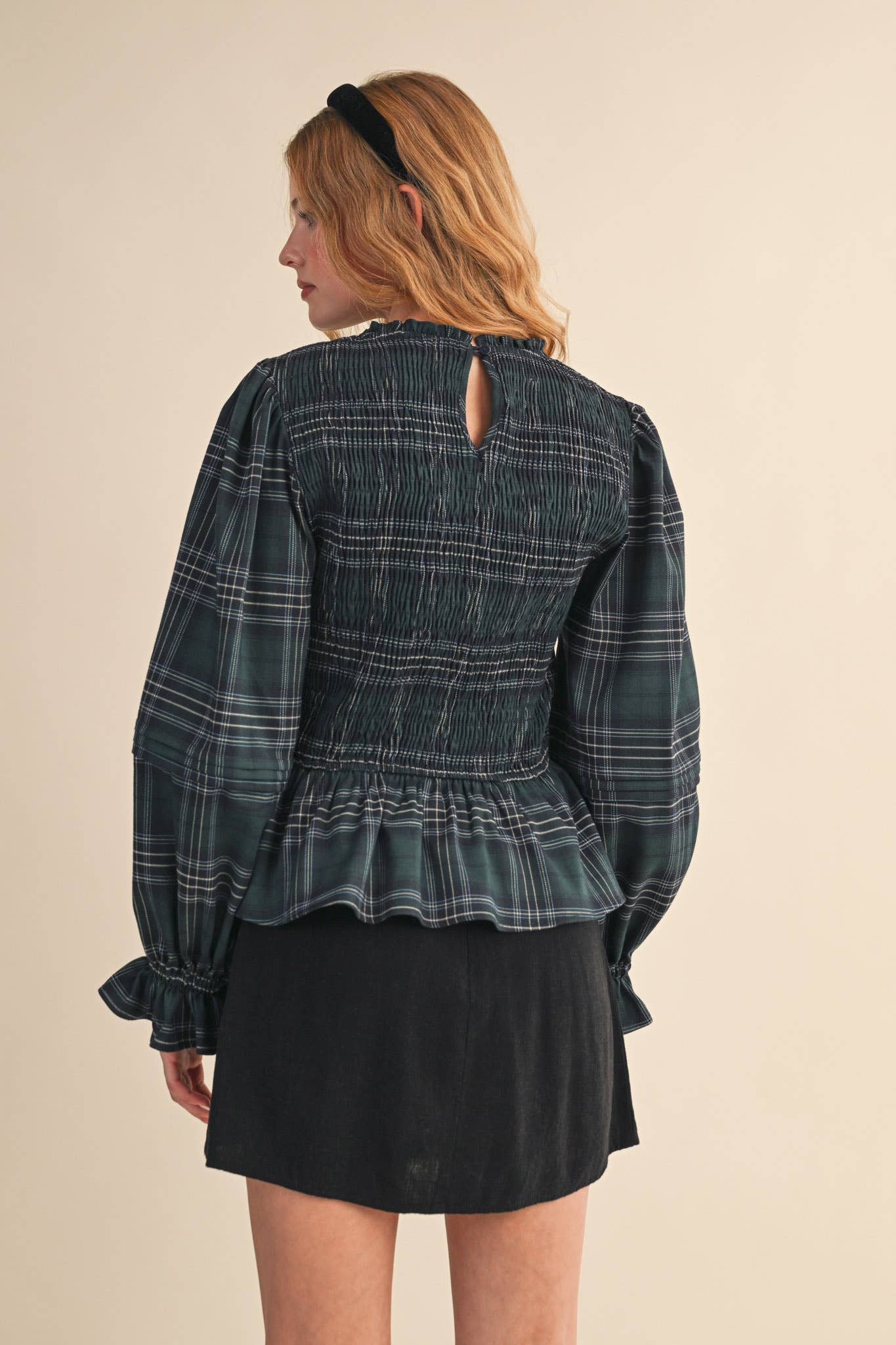 SMOCKED PLAID PUFF SLEEVE PEPLUM TOP MTP4192 for wholesale on Faire2
