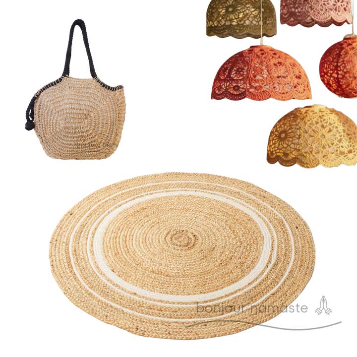 Kit de Canto Aconchegante – Tapete de Juta + Saco de Juta + Abajur de Crochê por atacado de Bonjour Namaste
