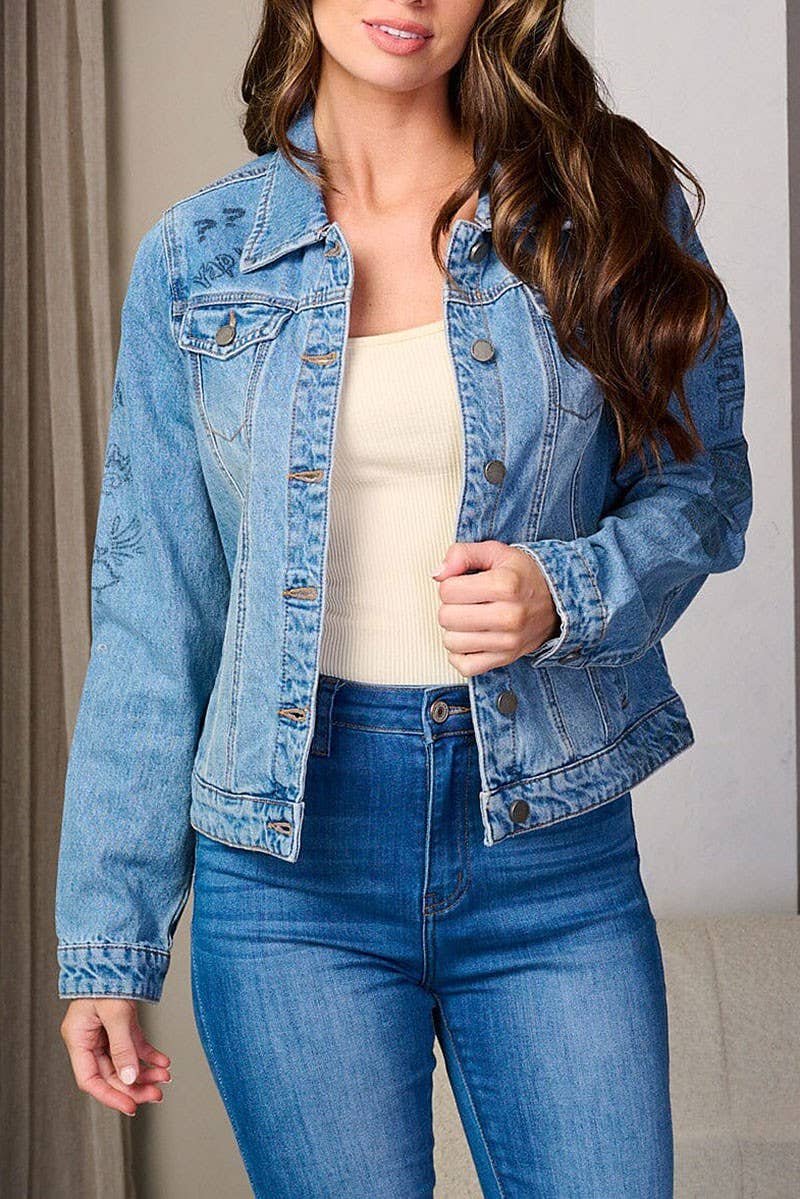 LÄTT DENIM LÅNGÄRMAD GRAFISK JEANSJACKA MED KNAPP för wholesale på Faire2