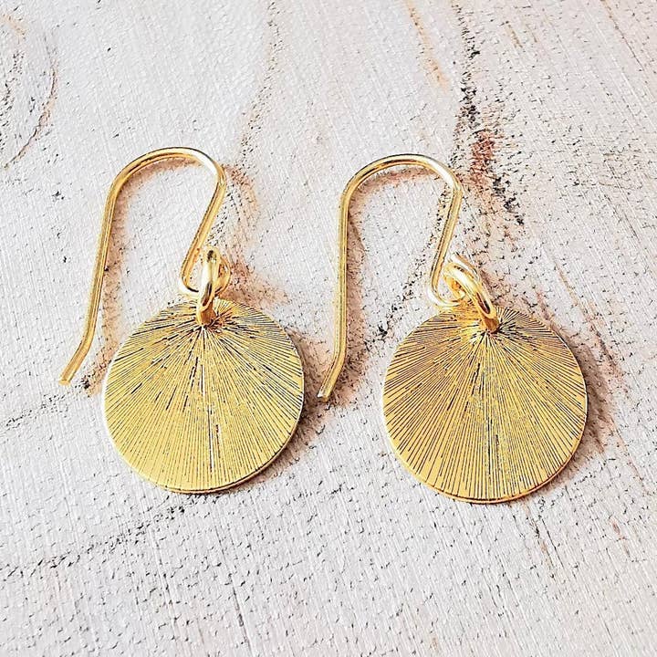 Gold Etched Disc Drop Earrings for wholesale by Sophellie Jewellery