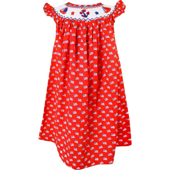 Handgesmoktes Kleid mit patriotischer Flagge der USA, 4. Juli für den Großhandel von Angeline Kids