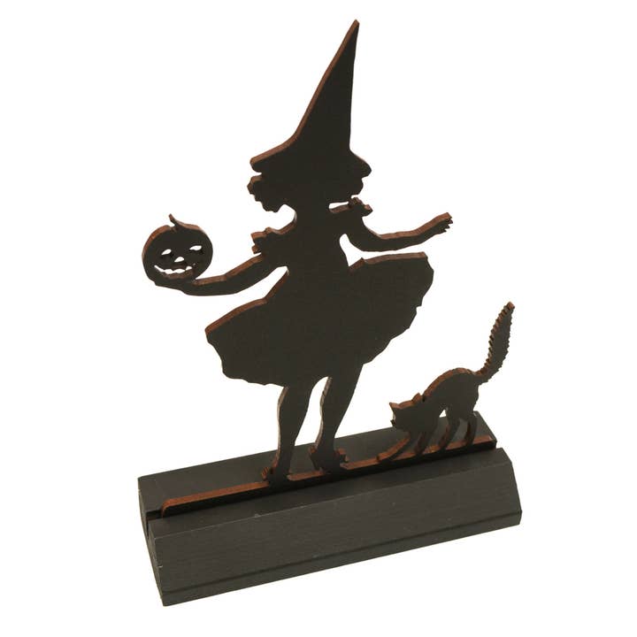 Witch w/ Pumpkin Standing Wood Silhouette w/ Base, 7” for wholesale by Madison Bay Co. - Historical Home Decor Reproductions