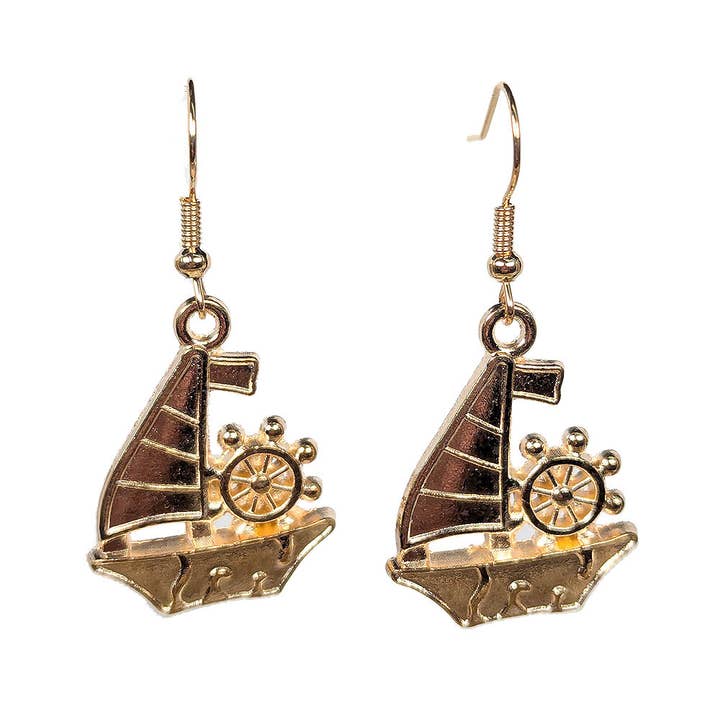 KC Gold Nautical Sail Boat With Wheel Earrings for wholesale by Stylish Jewelry Supply