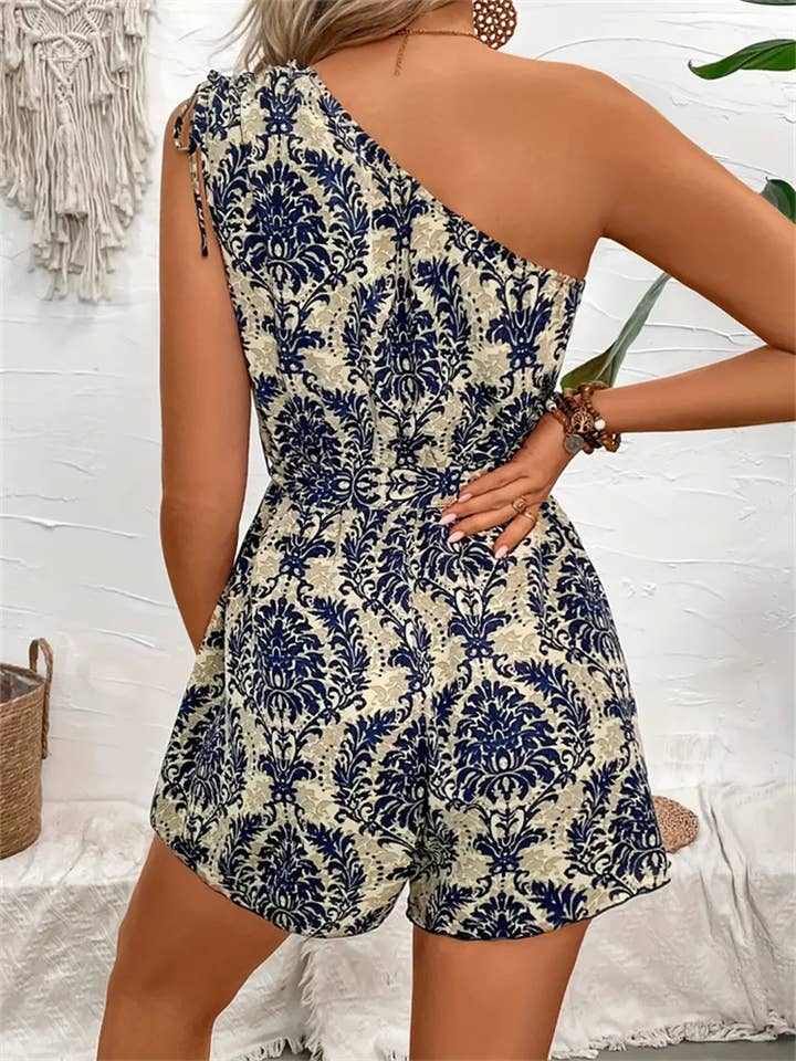 NAVY Printed drawstring jumpsuit with sloping shoulder for wholesale on Faire