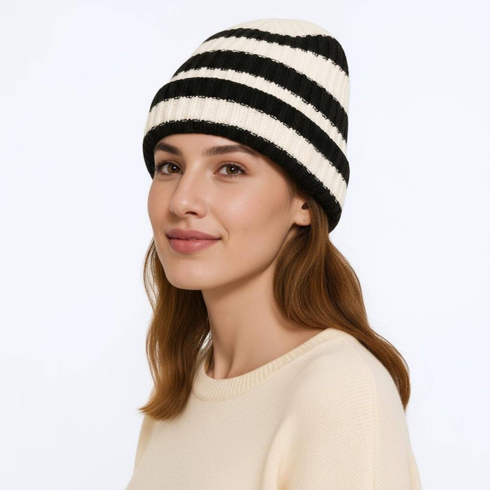 AK Brand - Wholesale Beanie - Women's - Unisex Striped Knit Beanie Hat Cuffed Warm Winter Cap0