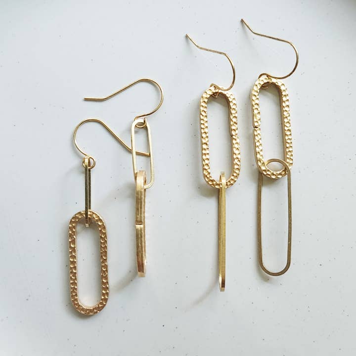 Textured Brass Paperclip Link Statement Dangle Earrings for wholesale by Sara Sela Jewelry