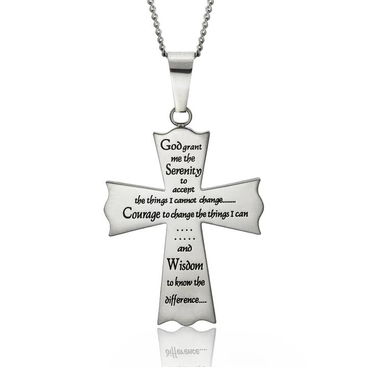Collier Croix en Acier Inoxydable Prière de la Sérénité pour Hommes ou Femmes pour la vente par Joyful Sentiments