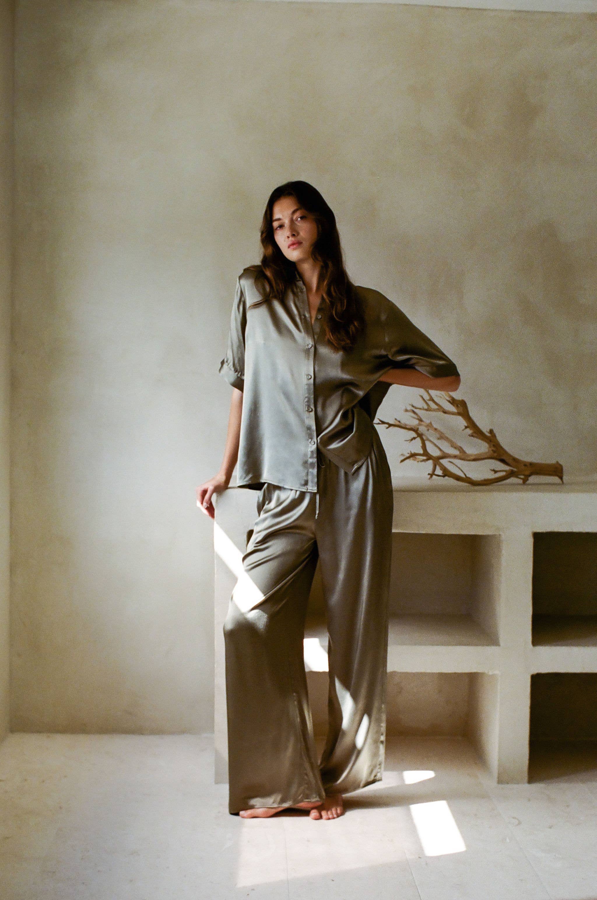 Olive AR1070 | Woven Satin Wide Leg Pants with Waist Strap for wholesale on Faire1