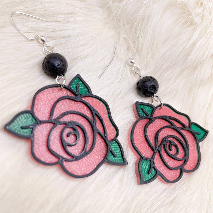 Pink Glitter Rose dangle earrings | flower, pastel goth, kitschy, cute for wholesale by Dot's Cuties