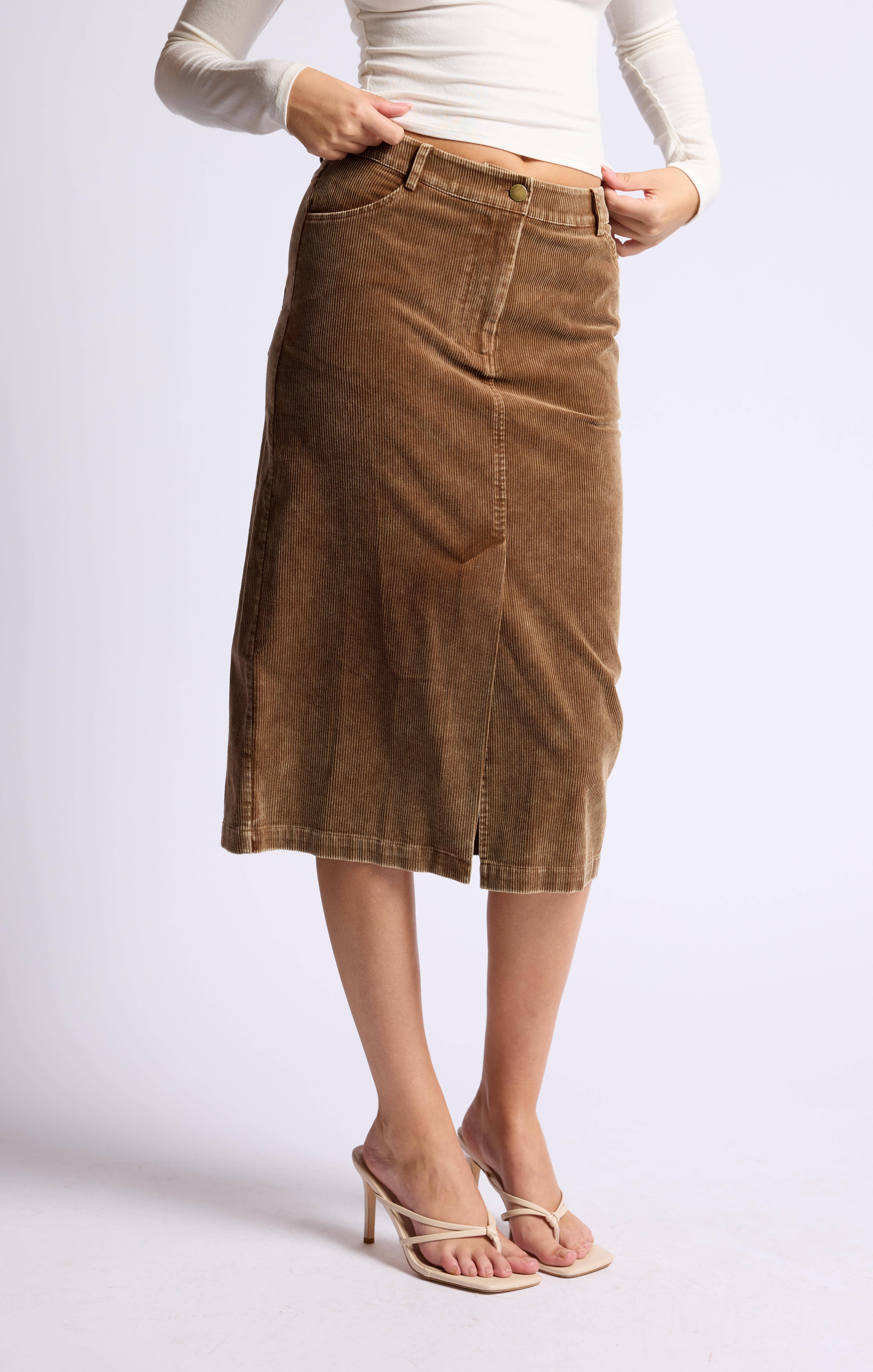 Sage The Label - Wholesale Skirt - Women's - Kahlo Washed Cord Midi Skirt: BROWN19