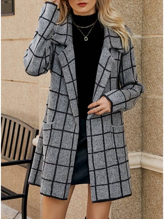 Rosa Clothing - Wholesale Trench Coat - Women's - Midi Contrast Houndstooth Suit-Collar Trench Coat3