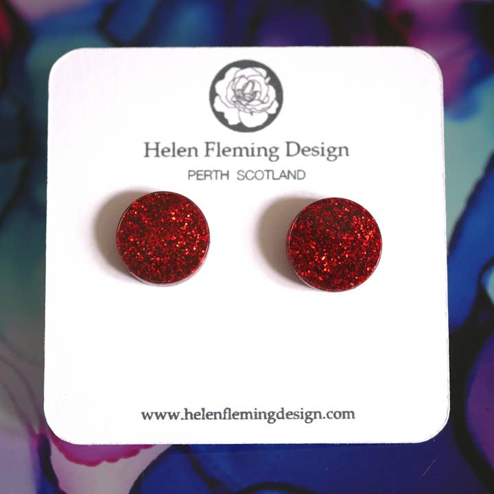 Red Glitter Circle Earrings for wholesale by Helen Fleming Design