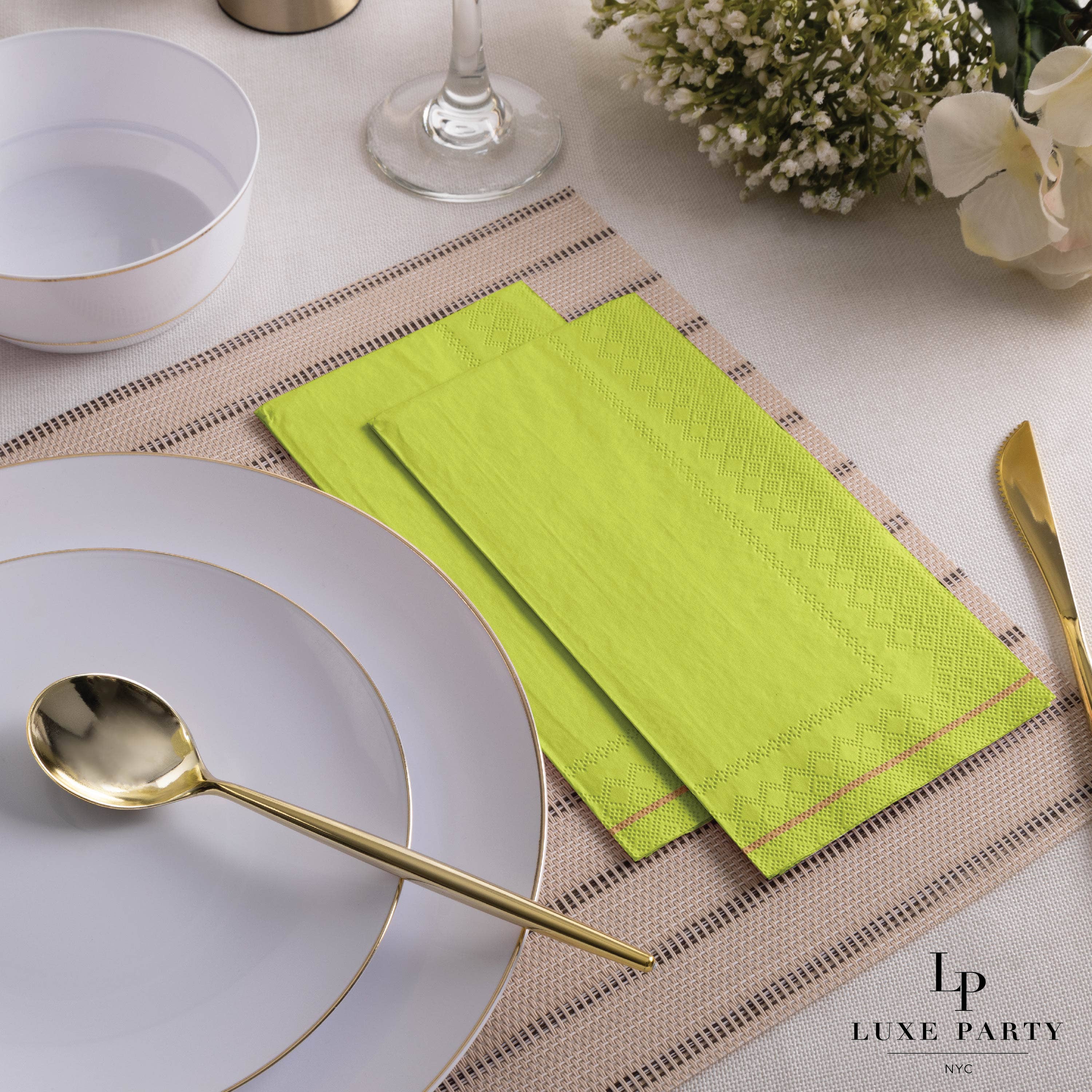 Luxe Party - Wholesale Disposable Napkin - Lime with Gold Stripe Guest Paper Napkins | 16 Napkins0