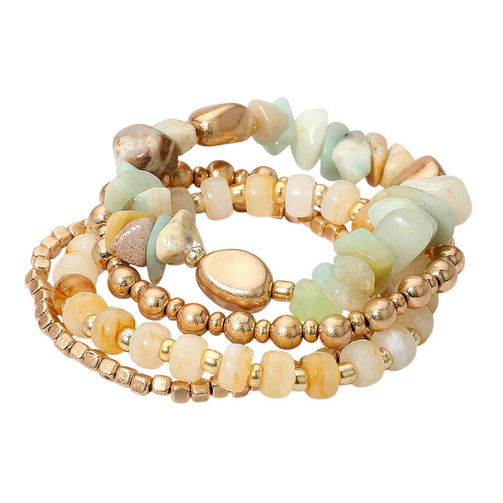 Sensibling Corp. - Wholesale Jewelry Set - 4PCS - Natural Stone Metal Ball Beaded Stretch Multi Layered Bracelets5