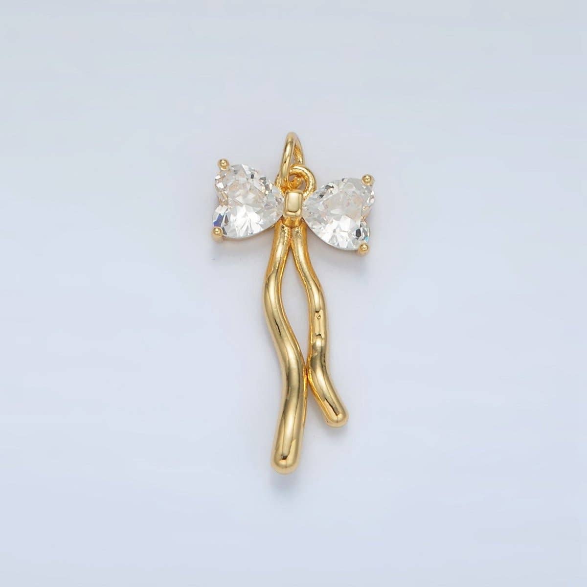 Aim Eternal - Wholesale Individual Charm/Pendant - 24K Gold Filled Clear, Pink CZ Ribbon Bow Drop Mini Charm | AC1010