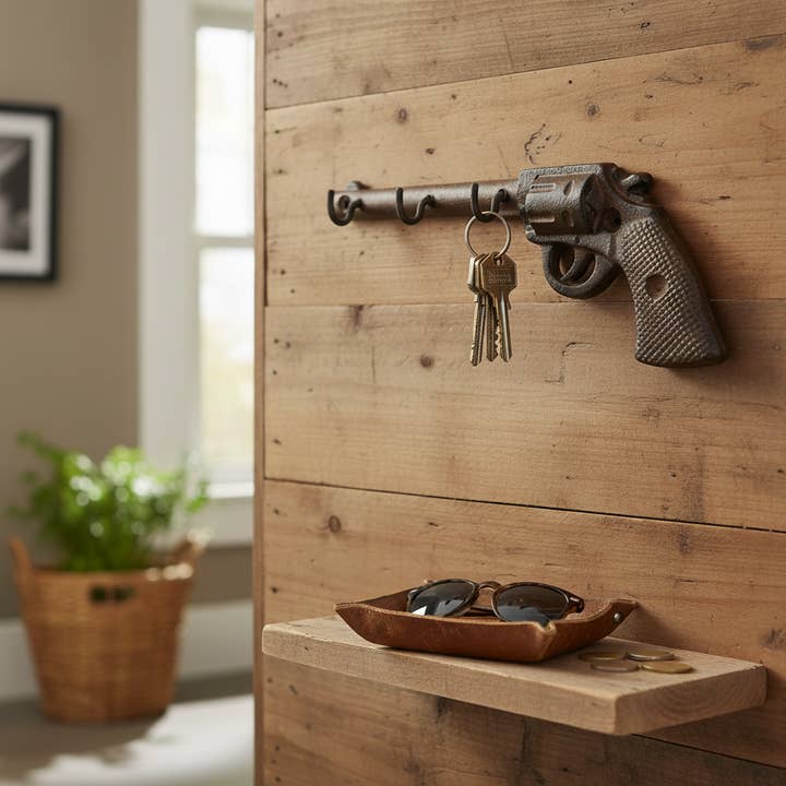 Western Cast Iron Gun Hooks, Vintage Revolver Wall Organizer for wholesale by Iron & Blossom