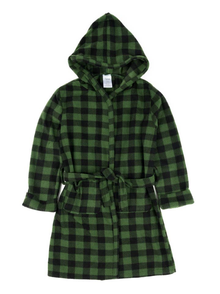 Leveret Pajamas - Wholesale Robe - Kids - Kids Fleece Hooded Robe Black & Green Plaid for Christmas1
