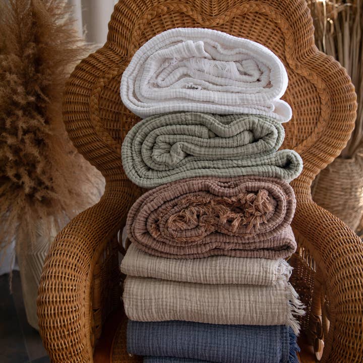 Naturloom - Vente Plaids - Plaid en mousseline de coton biologique certifié GOTS, tissu en gaze, couette en coton biologique, couvre-lit king size en mousseline, couverture bohème, couleur Vizon