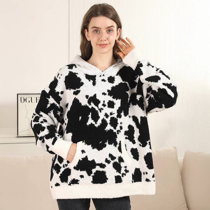 Cozy Cow Pattern Hooded Sweater with Pocket for wholesale by Sensibling Corp.