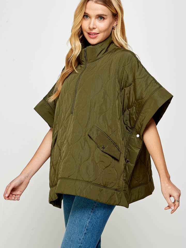 Ellison - Wholesale Poncho - Women's - KJ-1379-6 OVERSIZED QUILTED PONCHO OLIVE