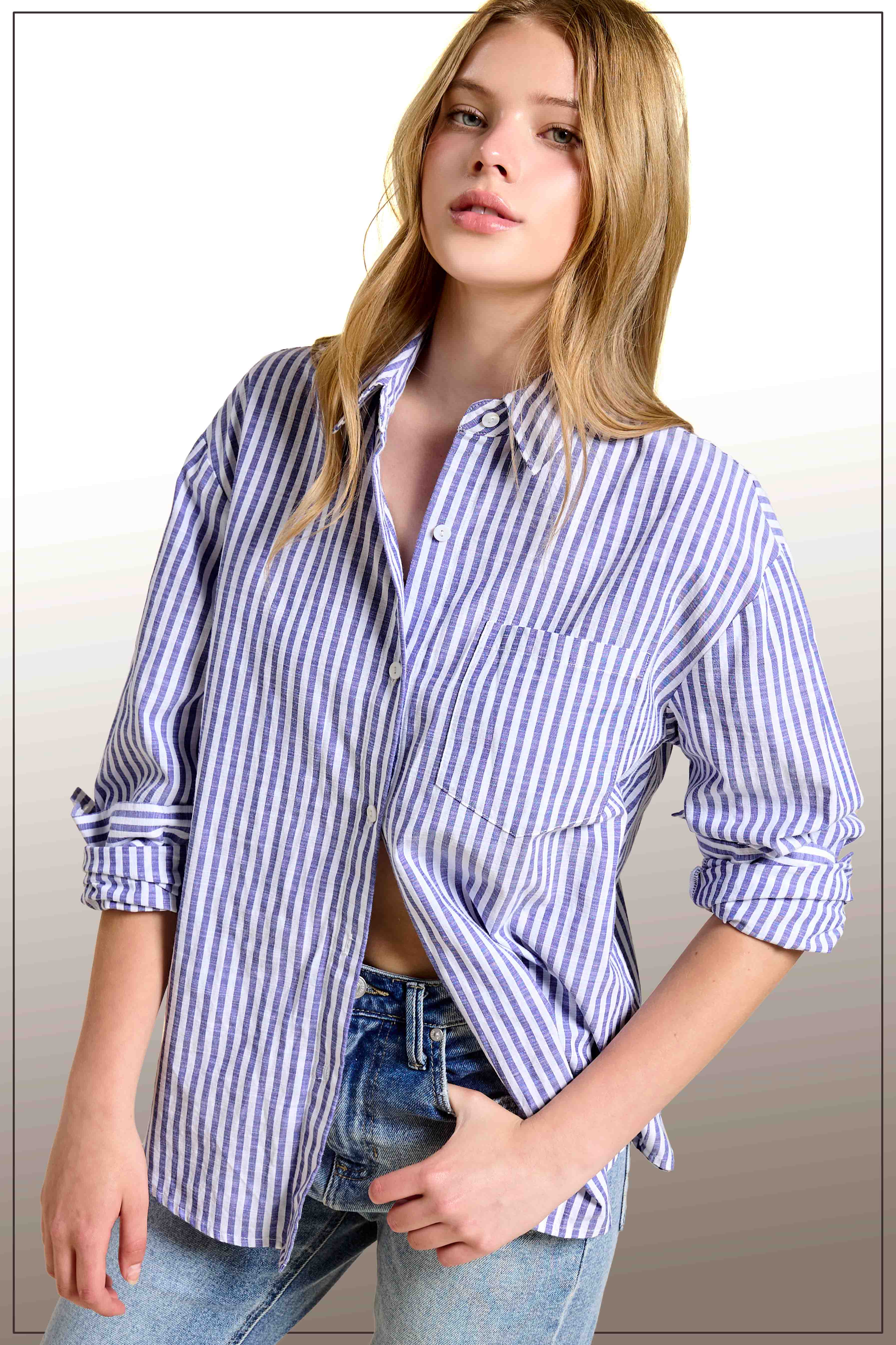 La Miel - Wholesale Button Down Shirt - Women's - SRT7903-Collared Contrast Stripe Button Down Shirt12