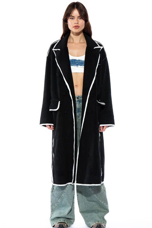 Black Oversized Contrast Stiched Wool-Like Coat for wholesale on Faire2