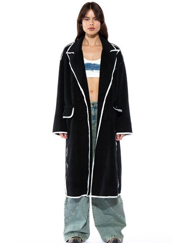 Black Oversized Contrast Stiched Wool-Like Coat for wholesale on Faire2