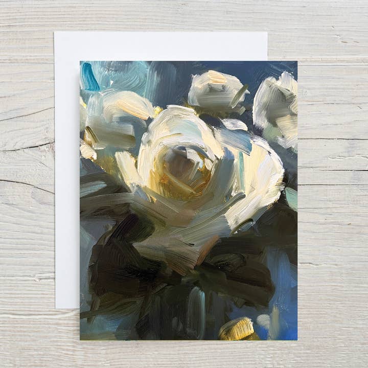 F131, Roses Blanches, Rétroéclairées, Carte A2 avec Enveloppe pour la vente par Amy Brnger Art and Paperworks