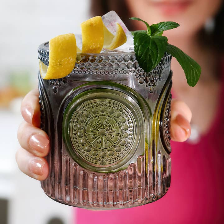 Kate Aspen - Wholesale Cocktail/Liquor Glass - 10 oz. Ribbed Retro Arch Floral Smoke Grey Drinking Glasses (Set of 6)