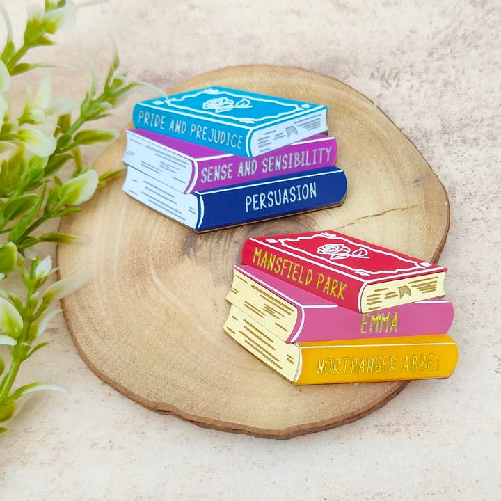 Classic Jane Austen bookstack brooch for wholesale by Folk and Fortune