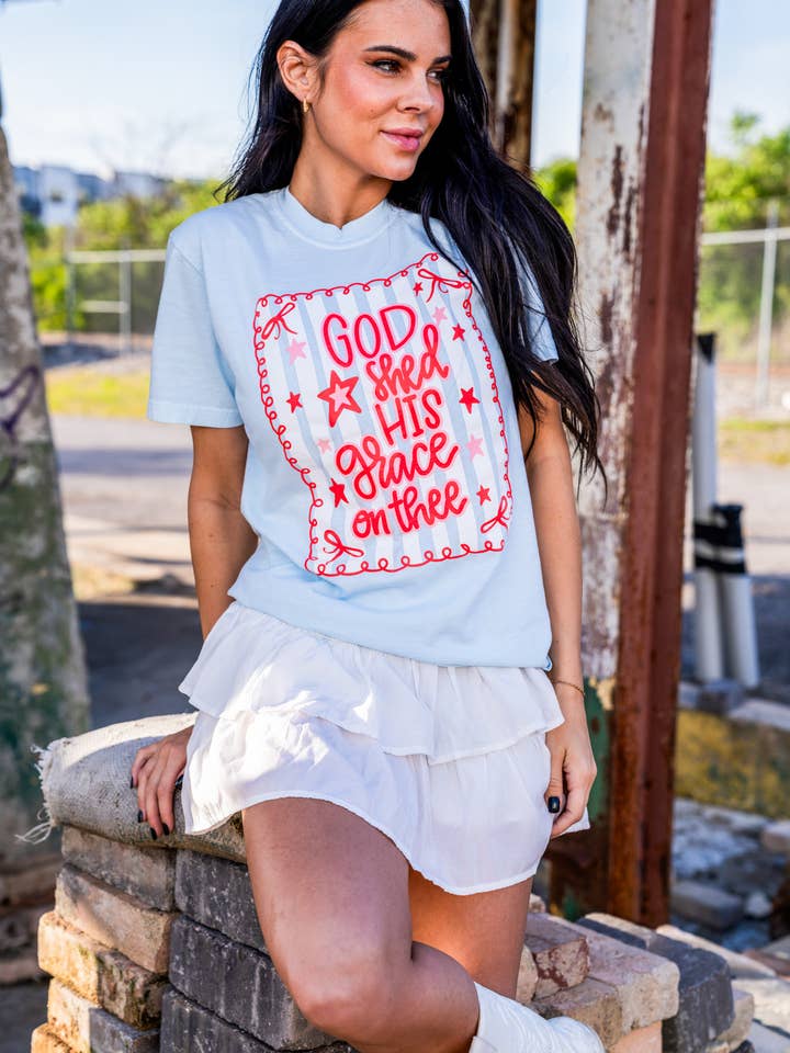 Small Town Society Apparel Co. - Wholesale Screen Printed T-Shirt - Women's - Grace On Thee | Chambray | Short Sleeve