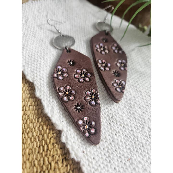 Native Leather Co - Wholesale Dangle Earrings - Artisan Line Hand Cut Leather Earrings - Brown Floral2