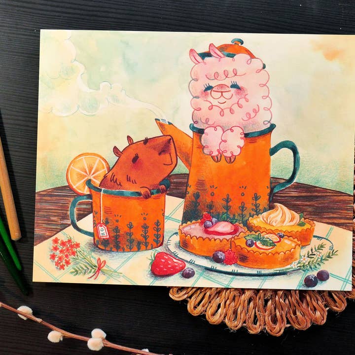 Capybara Alpaca Tea Party Teapot Tarts Print for wholesale by Koobta