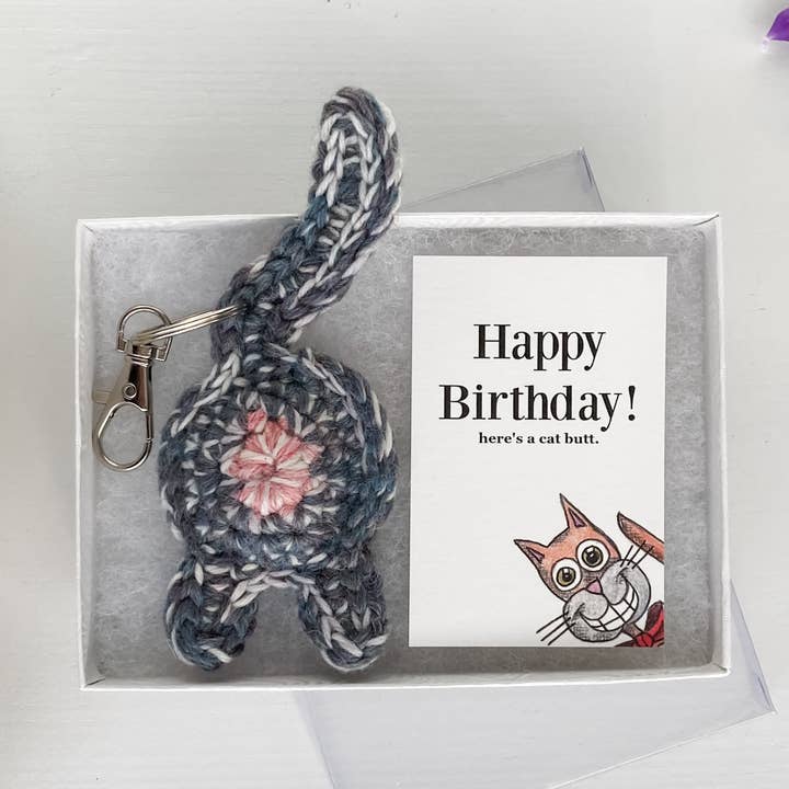 Gray Purple Cat Butt Keychain Birthday Gift with Cat Card for wholesale by Knot By Gran'ma
