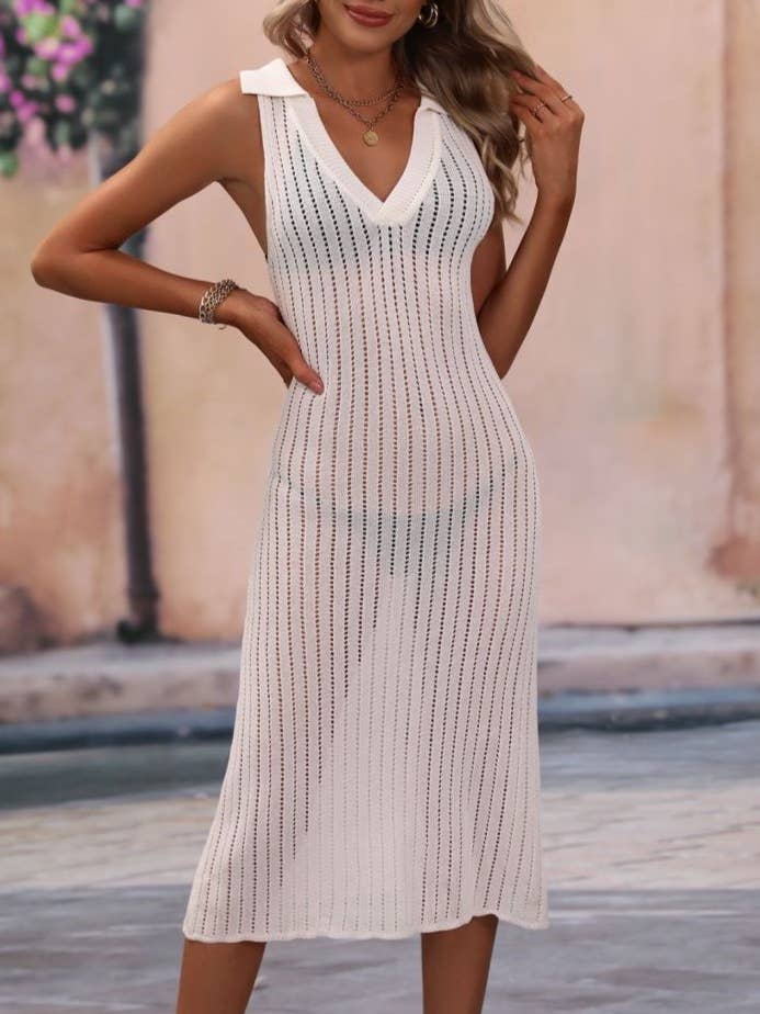 V-Neck Pullover Lapel Sleeveless Midi Knitted Cover-Up Dress for wholesale by HIDDENBRAND