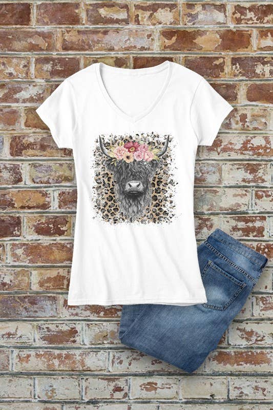 Top Avenue – Engroshandel T-shirt med print - Dame – Highland Cow, T-shirt med V-hals til kvinder0