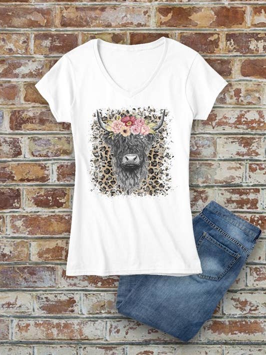 Top Avenue - Vendita all'ingrosso Maglietta serigrafata - Donna - Highland Cow, maglietta da donna aderente con scollo a V0